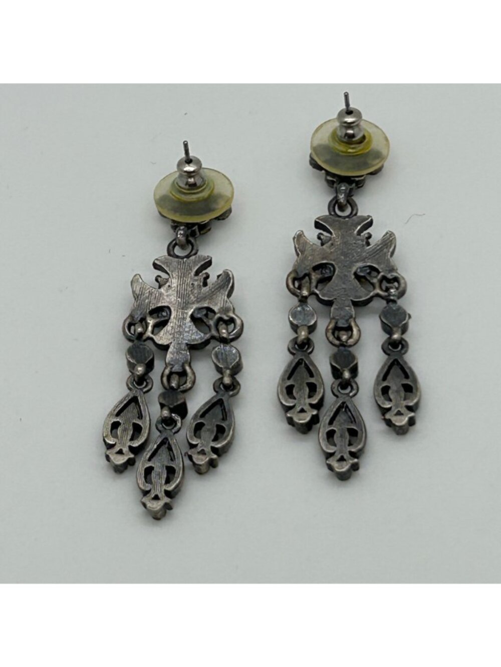 Gothic Chandelier Earrings Gunmetal Victorian Revival Black Rhinestone Statement - Picture 9 of 13